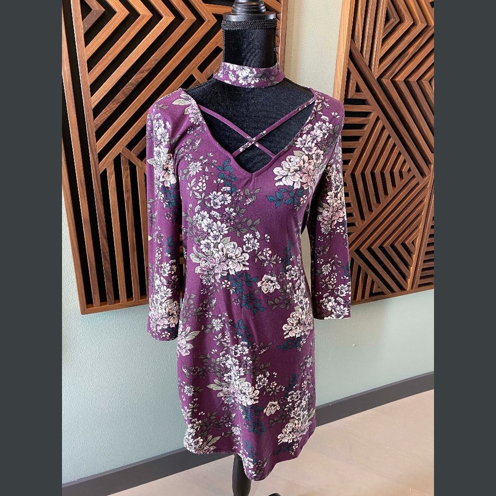 Purple Floral Bodycon Dress Criss-Cross Front